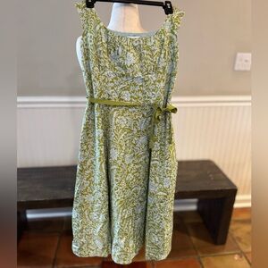 Liz Claiborne Green and White Floral Sleeveless Dress with Waist Tie